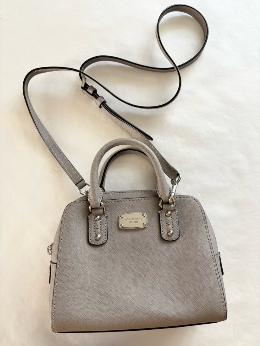 Michael Kors Small Saffiano Leather Satchel in Pearl Gray